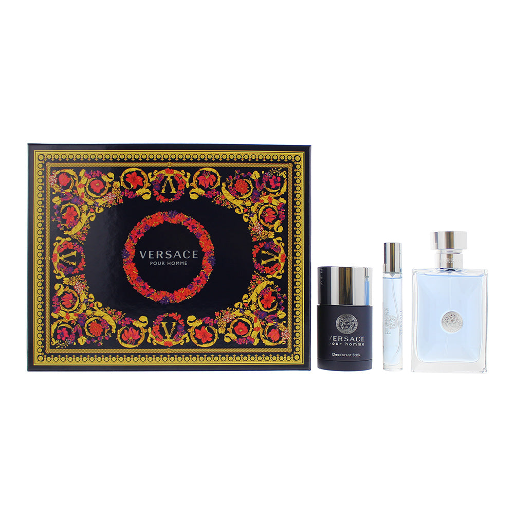 Versace Pour Homme 3 Piece Gift Set: Eau de Toilette 100ml - Deodorant Stick 75ml - Eau de Toilette 10ml - Glow Empire