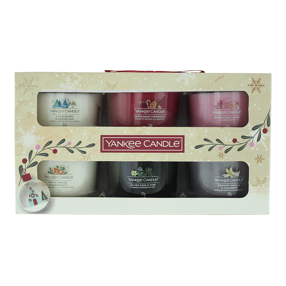 Yankee Candle Votive Candle Gift Set 6 x 37g Votive Candle (Snow Globe Wonderland, Snowflake Kisses, Peppermint Pinwheels, White Spruce & Grapefruit, Silver Sage & Pine and Smoked Vanilla & Cashmere) - Glow Empire