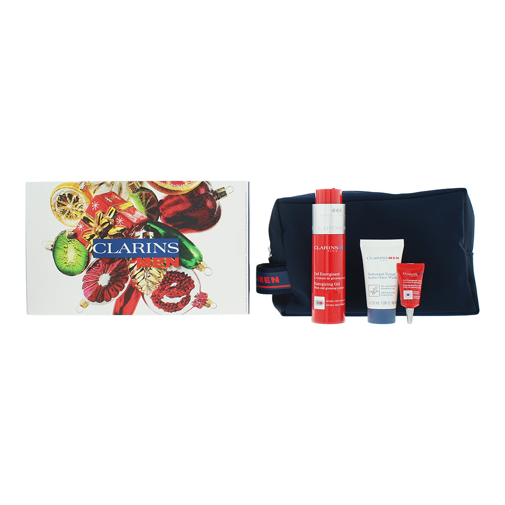Clarins Men 4 Piece Gift Set: Energizing Gel 50ml - Eye Gel 3ml - Active Face Wash 30ml - Pouch - Glow Empire