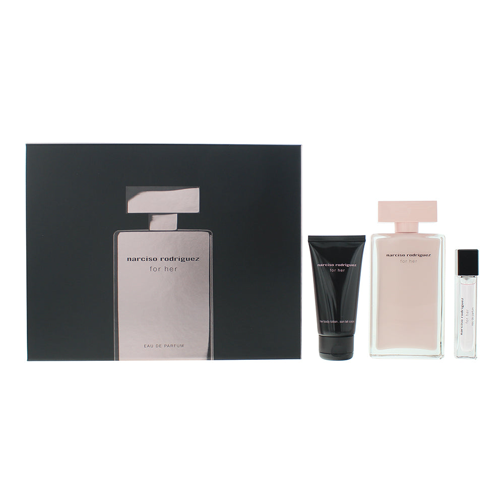 Narciso Rodriguez For Her 3 Piece Gift Set Eau de Parfum 100ml - Body Lotion 50ml - Eau de Parfum 10ml - Glow Empire