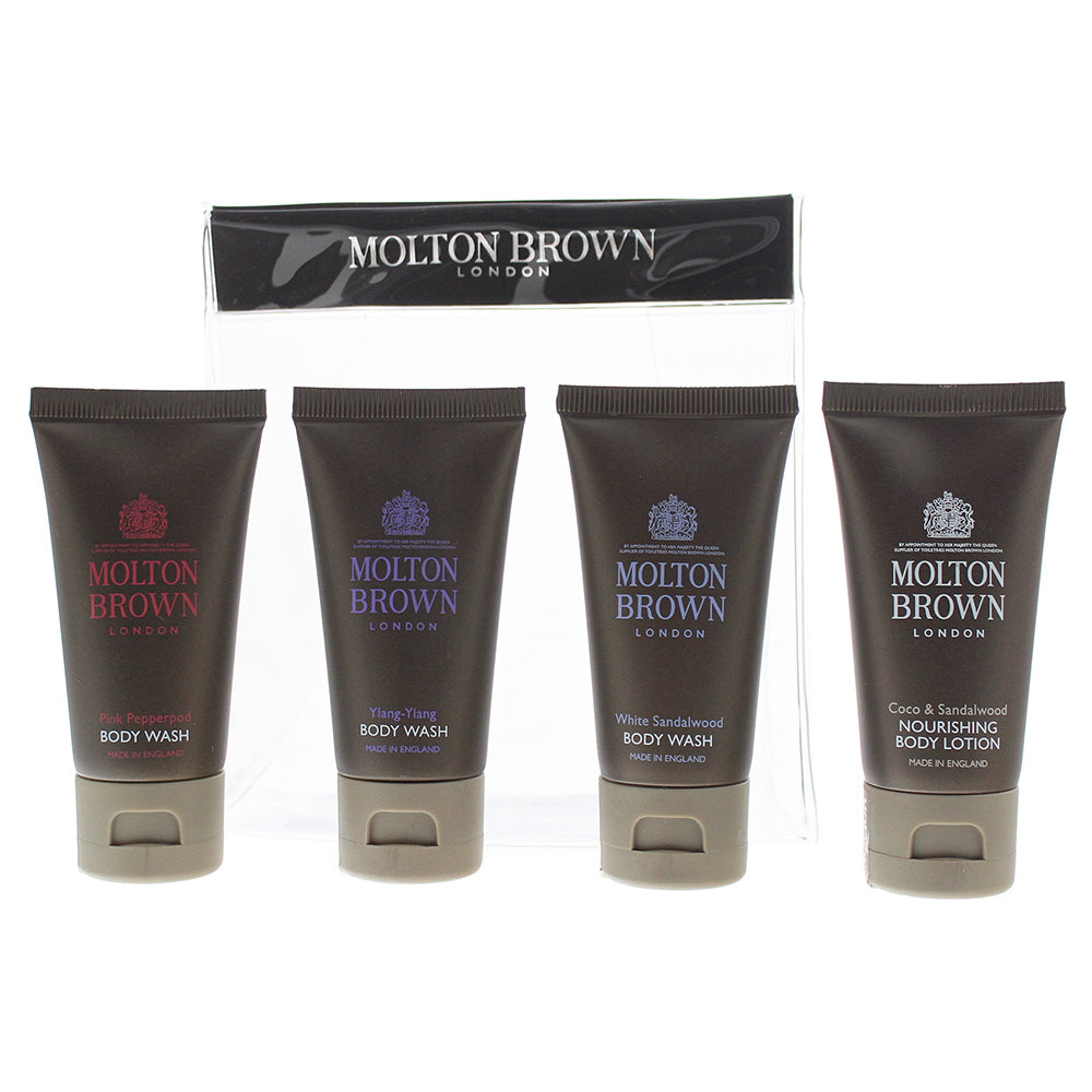 Molton Brown 4-Piece Gift Set Coco Sandalwood Body Lotion 30ml, Ylang Ylang Body Wash 30ml, White Sandalwood Body Wash 30ml, Pink Pepperpod Body Wash - Glow Empire