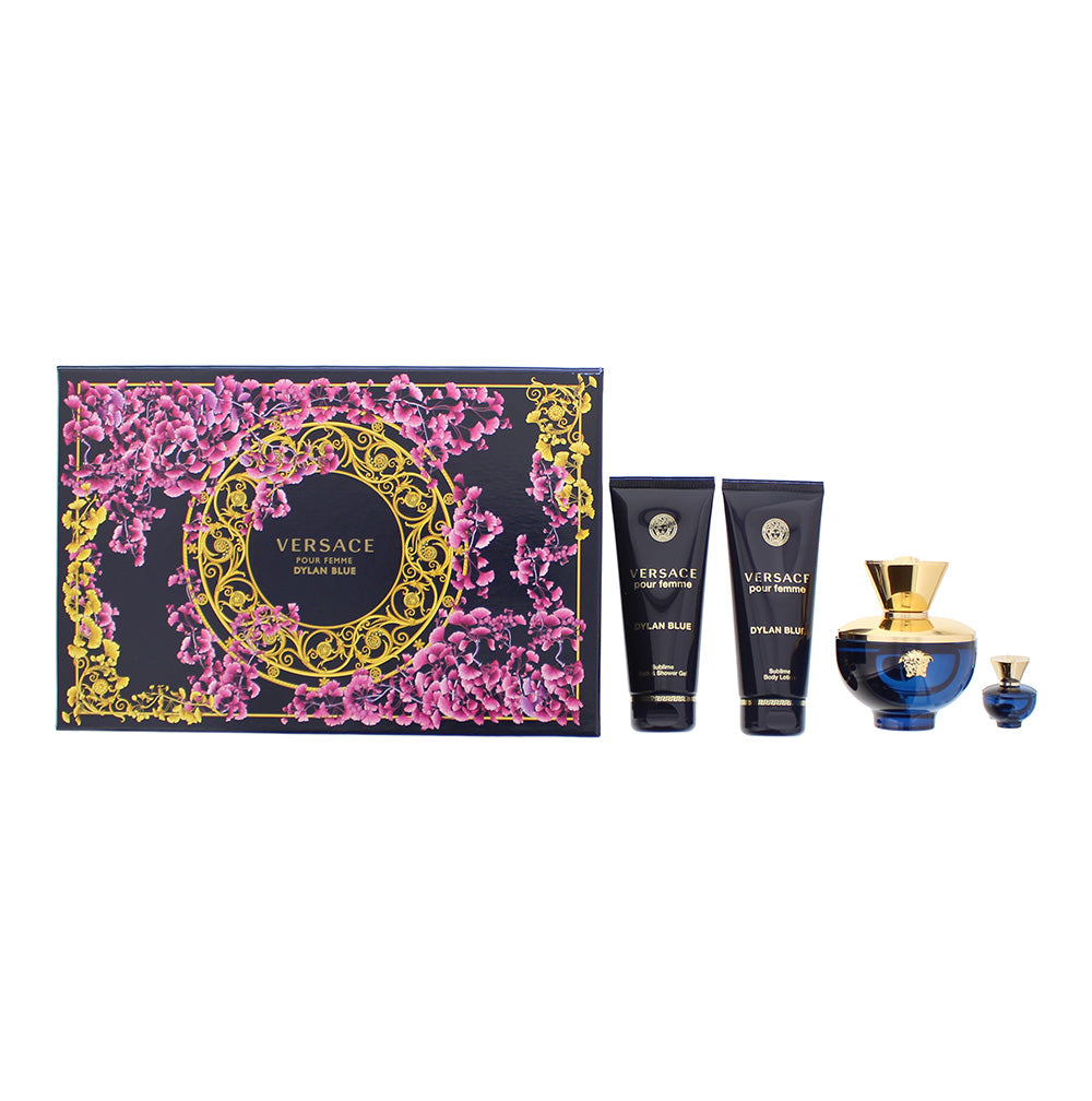 Versace Dylan Blue Pour Femme 4 Piece Gift Set: Eau De Parfum 100ml - Shower Gel 100ml - Body Lotion 100ml - Eau De Parfum 5ml - Glow Empire