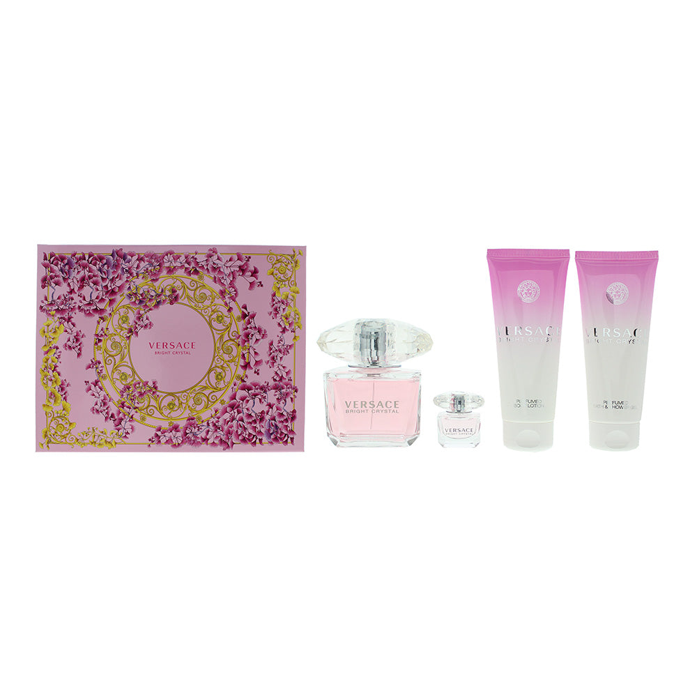 Versace Bright Crystal 4-Piece Gift Set Eau de Toilette 90ml, Shower Gel 100ml, Body Lotion 100ml, Eau de Toilette 5ml - Glow Empire