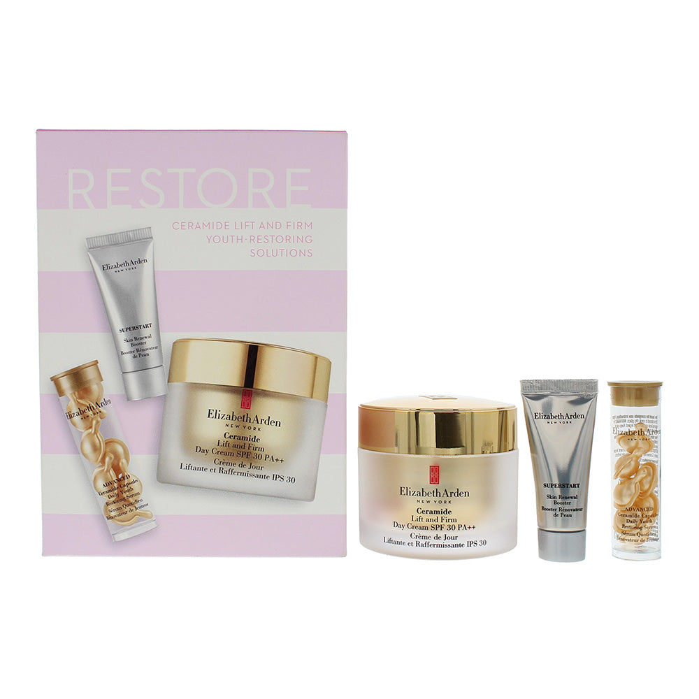Elizabeth Arden Restore 3 Piece Gift Set: Ceramide SPF 30 PA++ Day Cream 50ml - Serum Capsules 7pcs - Superstart Booster 5ml - Glow Empire