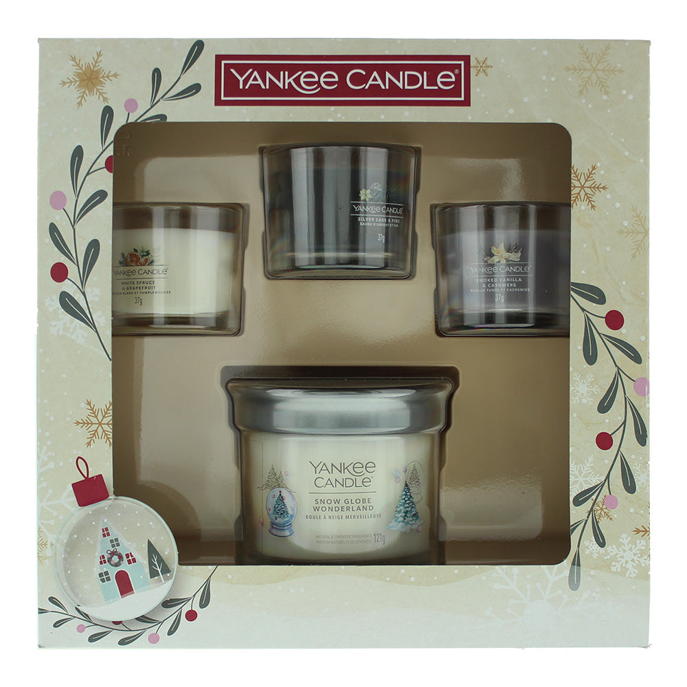 Yankee Candle 4-Piece Gift Set Snow Globe Wonderland 121g, White Spruce Grapefruit 37g, Silver Sage Pine 37g, Smoked Vanilla Cashmere 37g - Glow Empire