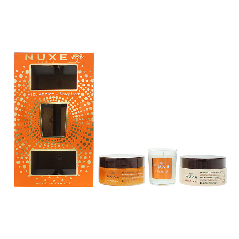 Nuxe Honey Lover 3-Piece Gift Set Body Oil Balm 200ml, Nourishing Body Scrub 175ml, Candle 70g - Glow Empire