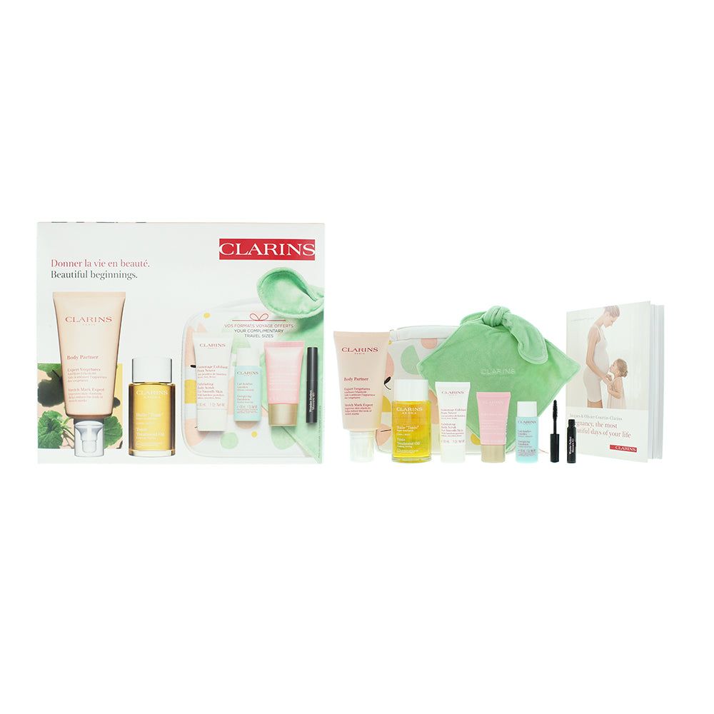 Clarins Beautiful Beginnings Marternity 6 Piece Gift Set: Body Oil 100ml - Body Scrub 30ml - Day Cream 15ml - Legs Emulsion 30ml - Mascara 3ml - Body - Glow Empire
