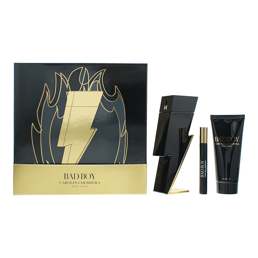 Carolina Herrera Bad Boy 3 Piece Gift Set Eau De Toilette 100ml - Shower Gel 100ml - Eau De Toilette 10ml - Glow Empire