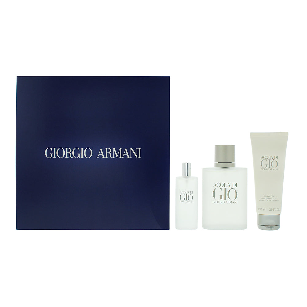 Giorgio Armani Acqua Di Giò 3 Piece Gift Set Eau de Toilette 100ml - Shower Gel 75ml - Eau de Toilette 15ml - Glow Empire