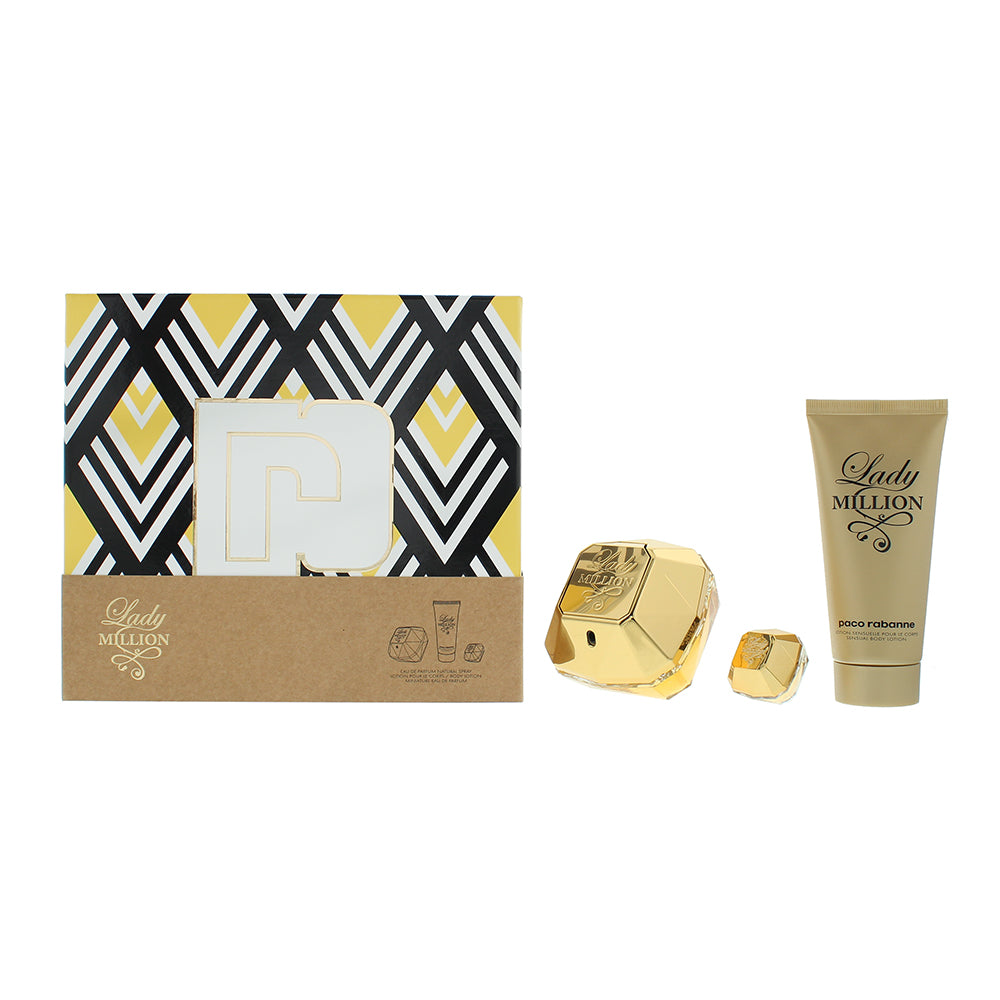 Paco Rabanne Lady Million 3 Piece Gift Set: Eau de Parfum 80ml - Eau de Parfum 5ml - Body Lotion 100ml - Glow Empire
