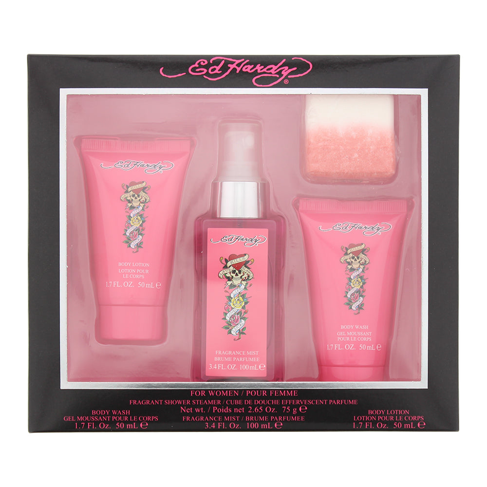 Ed Hardy Women Gift Set 100ml Body Mist + 50ml Body Wash + 50ml Body Lotion + 75g Bath Fizz - Glow Empire