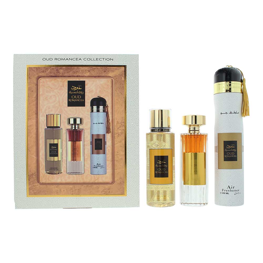 Ard Al Zaafaran Oud Romancea Gift Set 100ml EDP + 250ml Body Mist + 300ml Air Freshener - Glow Empire