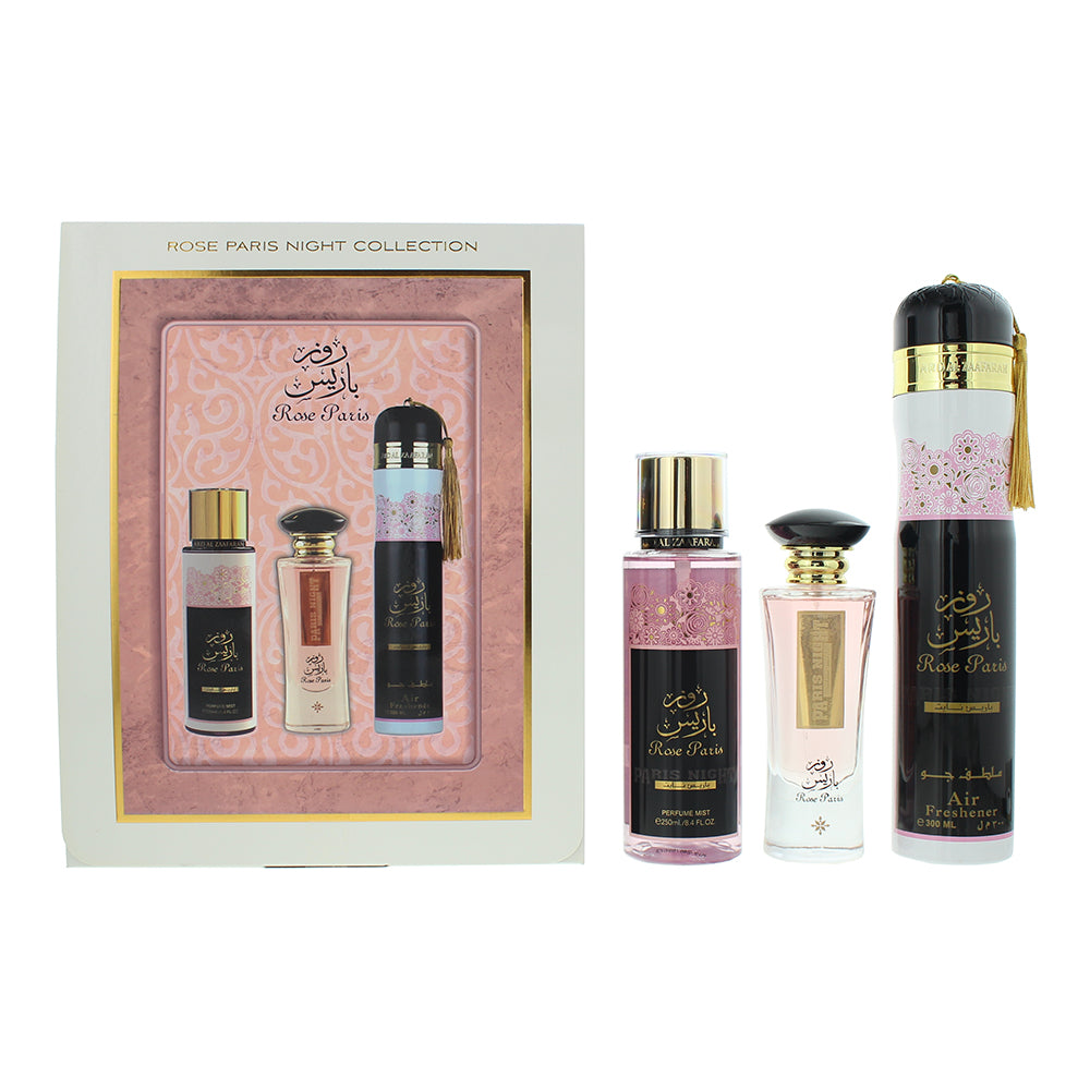 Ard Al Zaafaran Rose Paris Night Gift Set 100ml EDP + 250ml Body Mist + 300ml Air Freshener - Glow Empire