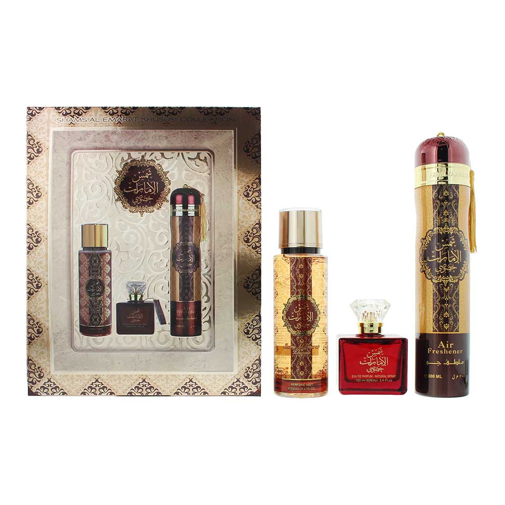 Ard Al Zaafaran Shams Al Emarat Khususi Gift Set 100ml EDP + 250ml Body Mist + 300ml Air Freshener - Glow Empire