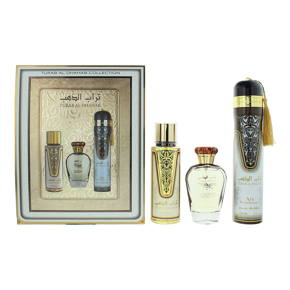 Ard Al Zaafaran Turab Al Dhahab Gift Set 100ml EDP + 250ml Body Mist + 300ml Air Freshener - Glow Empire