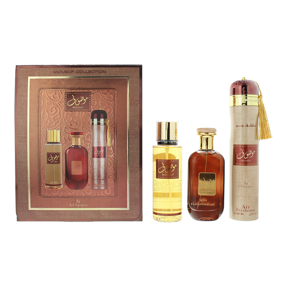 Ard Al Zaafaran Mousuf Gift Set 100ml EDP + 250ml Body Mist + 300ml Air Freshener - Glow Empire