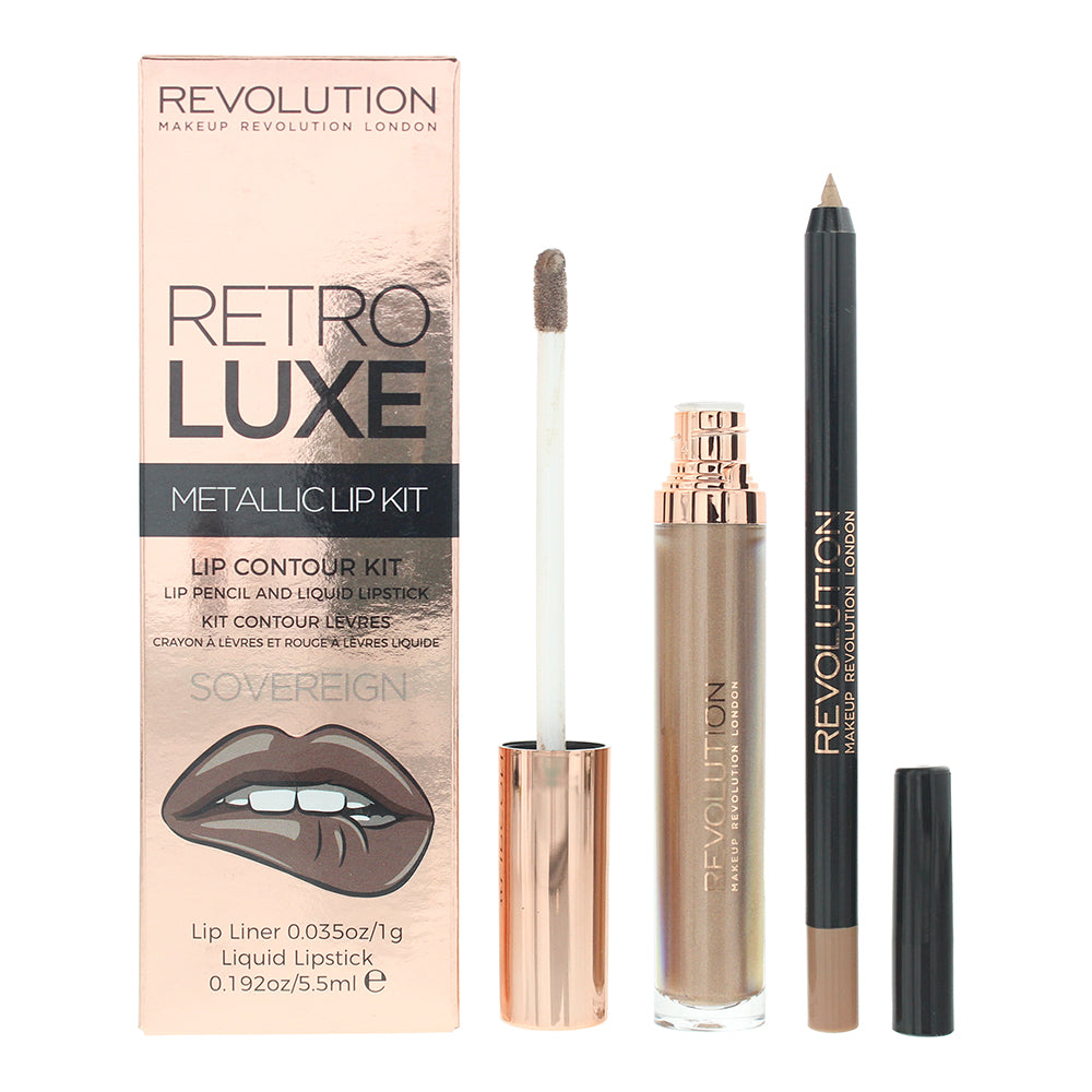 Makeup Revolution Retro Luxe Metallic Lip Kit 1g Lip Pencil + 5.5ml Liquid Lipstick - Sovereign - Glow Empire