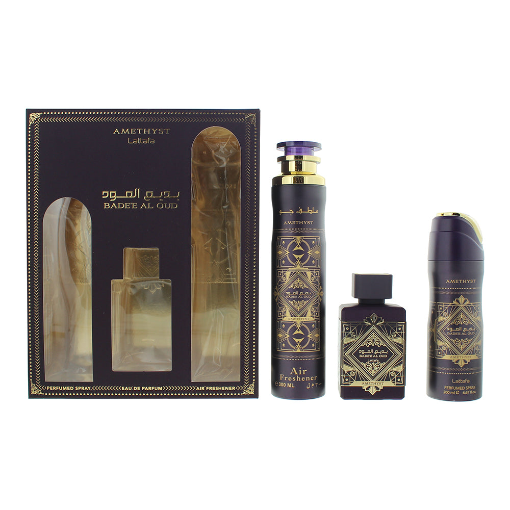 Lattafa Perfumes Bade'e Al Oud Amethyst Gift Set 100ml EDP + 200ml Body + 50ml Hair Mist - Glow Empire