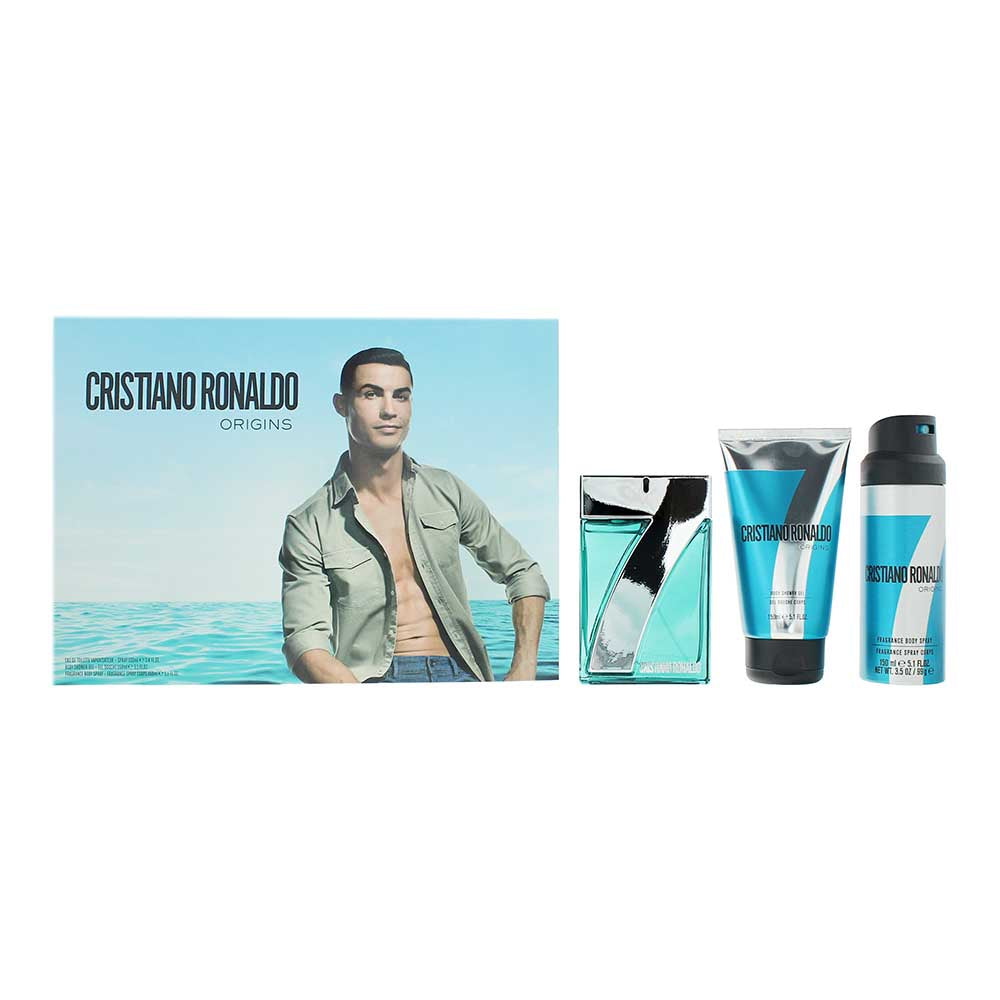 Cristiano Ronaldo CR7 Origins Gift Set 100ml EDT Spray + 150ml Shower Gel + 150ml Body Spray - Glow Empire