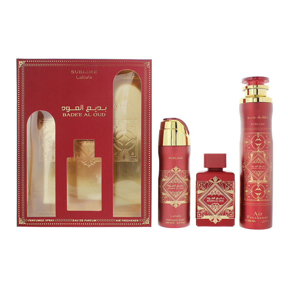 Lattafa Perfumes Bade'e Al Oud Sublime Gift Set 100ml EDP + 200ml Perfumed Body Spray + 300ml Air Freshener - Glow Empire