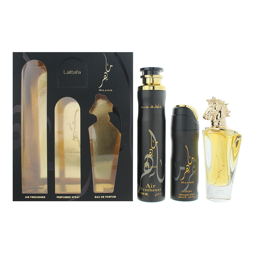 Lattafa Perfumes Maahir Gift Set 100ml EDP + 200ml Perfumed Body Spray + 300ml Air Freshener - Glow Empire