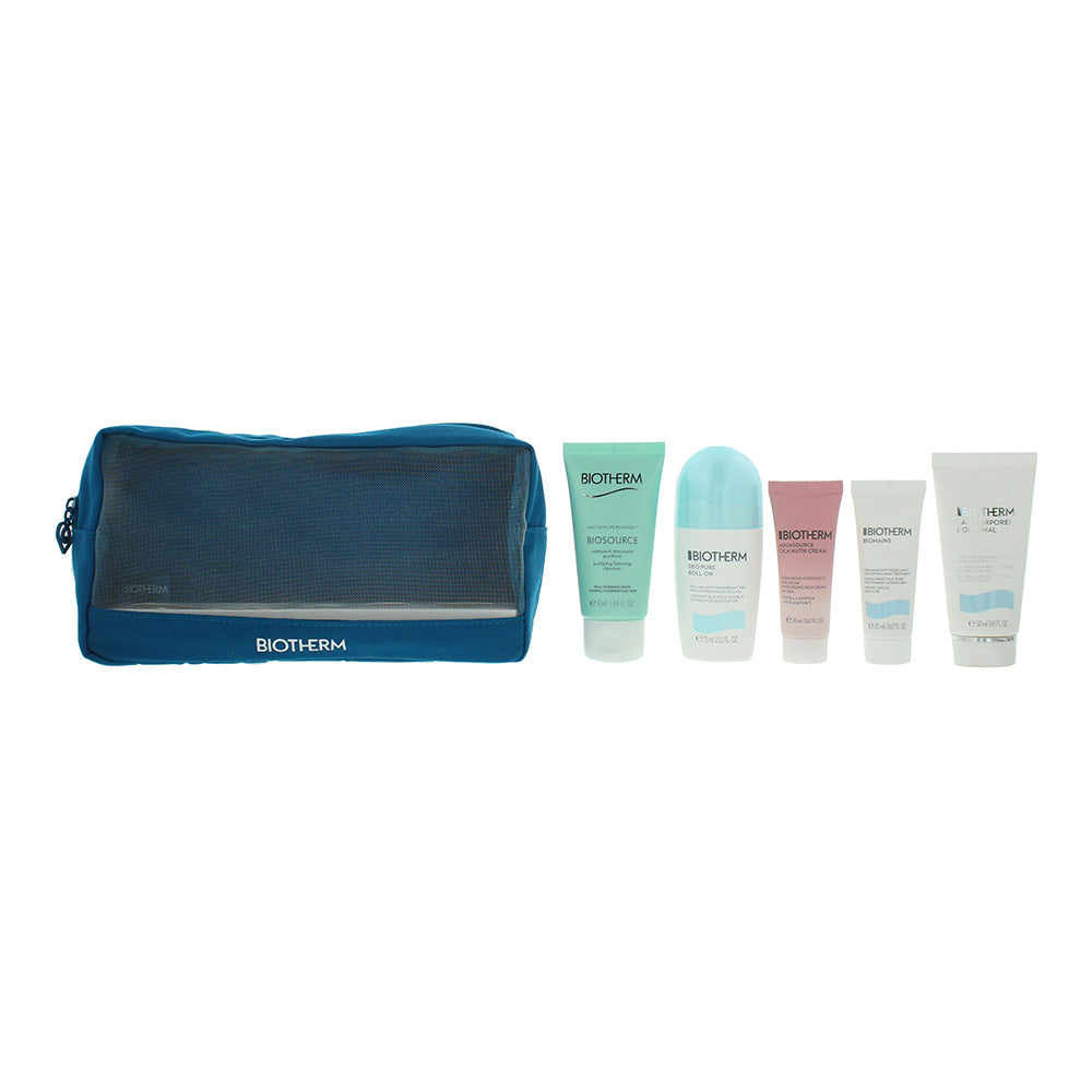 Biotherm Aquasource Routine Pouch Set Deodorant Roll-On 75ml + Cleanser 50ml +  Hand cream 20ml + Body lotion 50ml + Face cream 20ml - Glow Empire