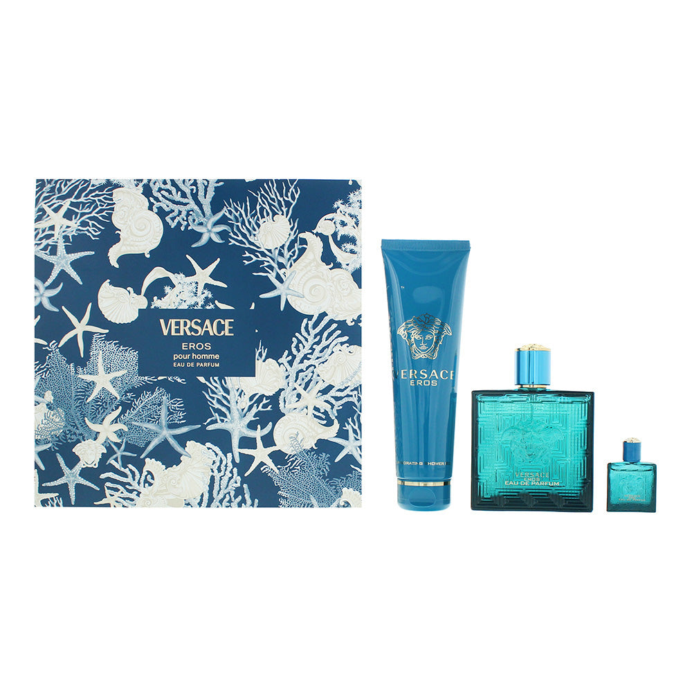 Versace Eros Gift Set 100ml EDP + 5ml EDP + 150ml Bath and Shower Gel - Glow Empire