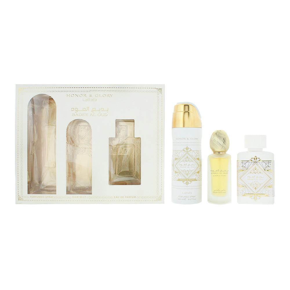 Lattafa Bade'e Al Oud Honor & Glory Gift Set 100 ml EDP + 200ml Scented Body Spray + 50ml Scented Hair Spray  - Glow Empire