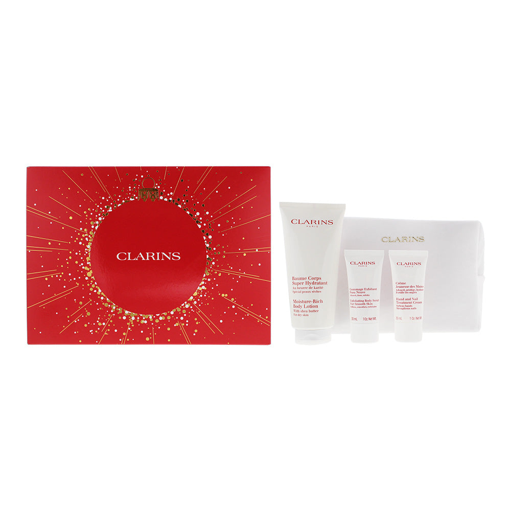 Clarins Body Care Set: Rich Body Lotion 200ml + Hand and Nail Treatment Cream 30ml + Body Scrub 30ml - Glow Empire
