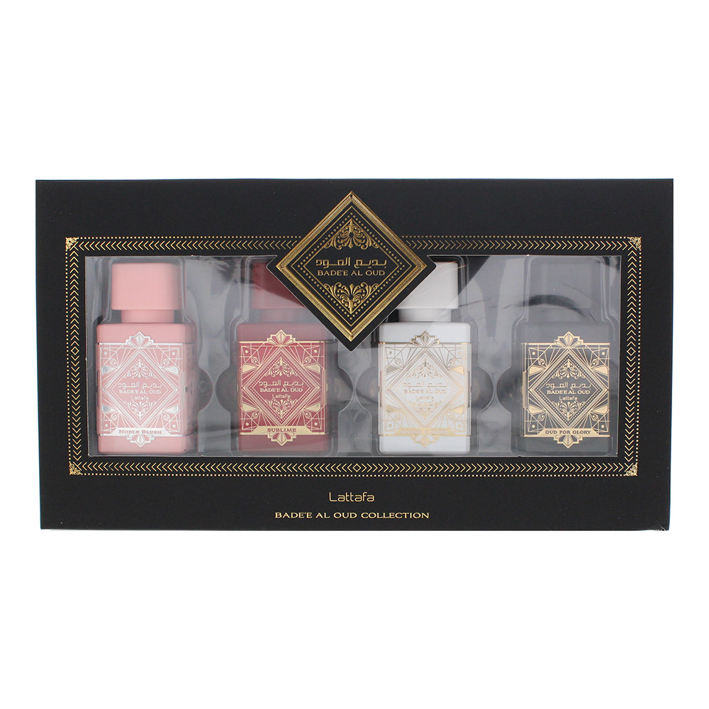 Lattafa Bade'e Al Oud Collection Gift Set: Eau de Parfum 4x25ml (This Set Includes:
1x 25ml Noble Blush EDP
1x 25ml Sublime EDP
1x 25ml Honor & Glory EDP
1x 25ml Oud for Glory EDP)  - Glow Empire