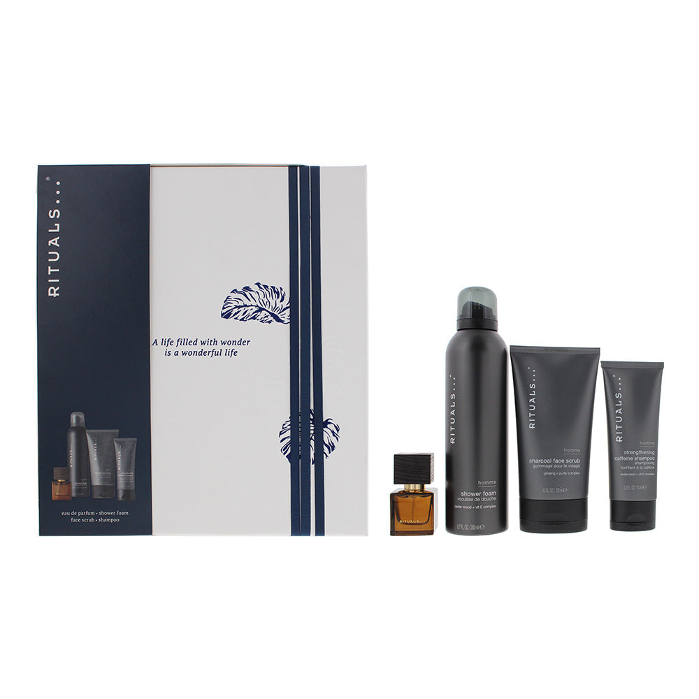 Rituals Homme Gift Set 15ml L'Essentiel EDP + 200ml Foaming Shower Gel + 125ml Face Scrub + 70ml Shampoo  - Glow Empire
